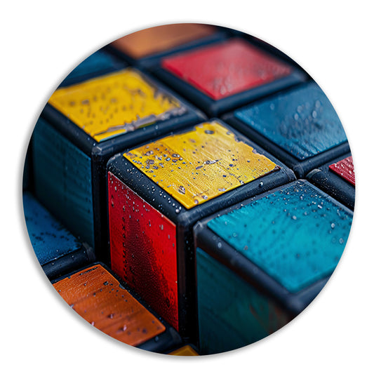 Kubus compositie in primaire kleuren aluminium muurcirkel