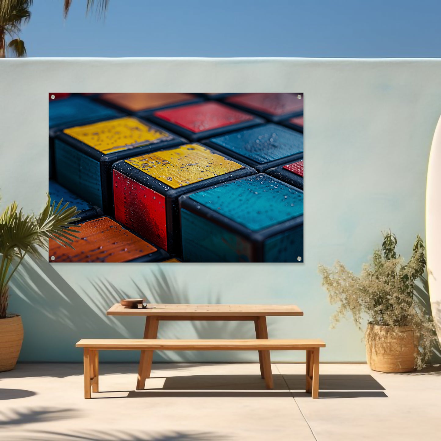 Kubus compositie in primaire kleuren tuinposter