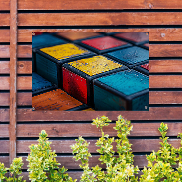 Kubus compositie in primaire kleuren tuinposter