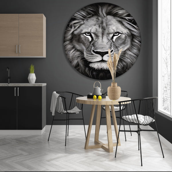 De Monochrome Blik van de Majestueuze Leeuw aluminium muurcirkel