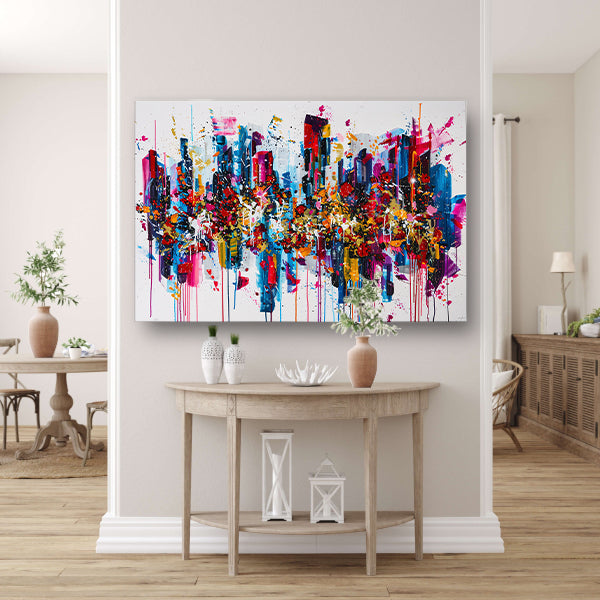 Abstract kleurrijk stadsgezicht met verfspatten poster