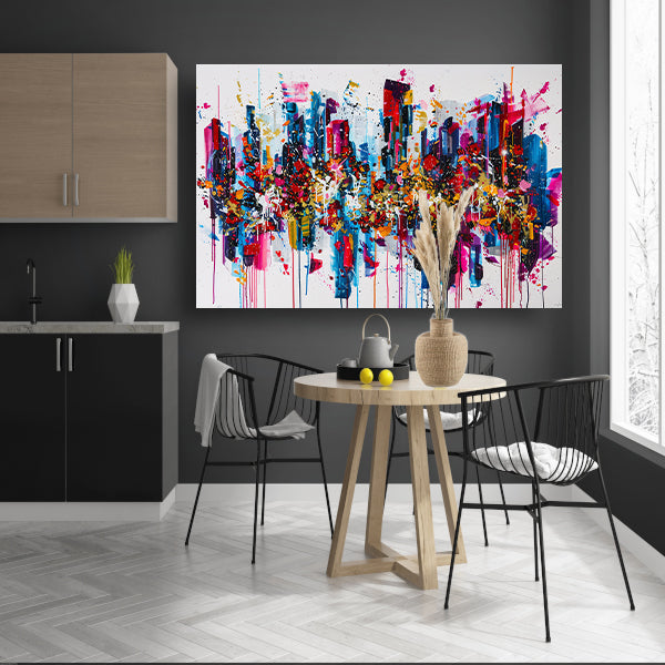 Abstract kleurrijk stadsgezicht met verfspatten poster