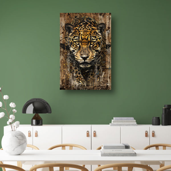 Dynamisch jaguar kunstwerk op houten achtergrond canvas