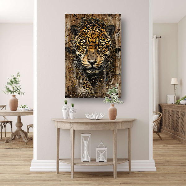 Dynamisch jaguar kunstwerk op houten achtergrond canvas