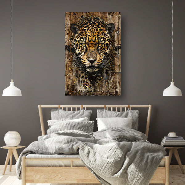 Dynamisch jaguar kunstwerk op houten achtergrond canvas