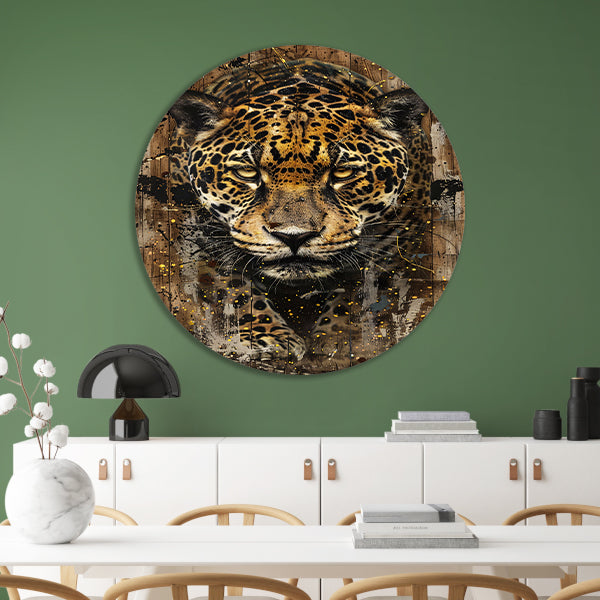 Dynamisch jaguar kunstwerk op houten achtergrond aluminium muurcirkel