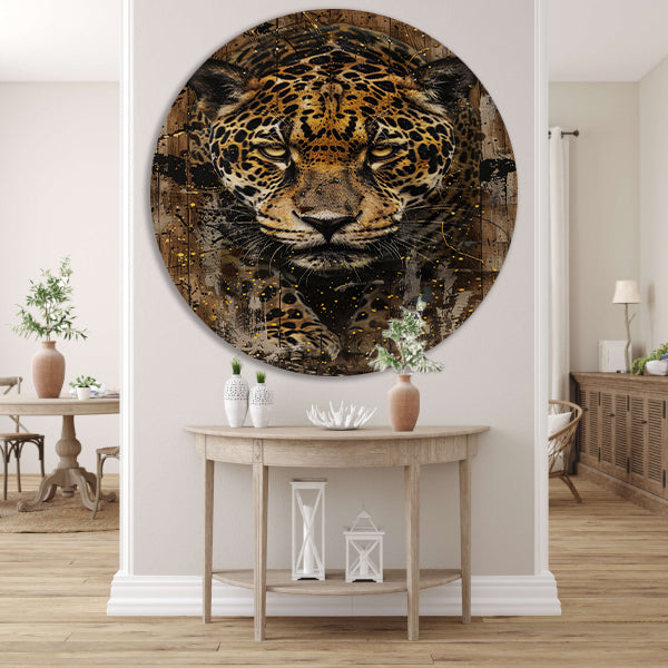 Dynamisch jaguar kunstwerk op houten achtergrond aluminium muurcirkel