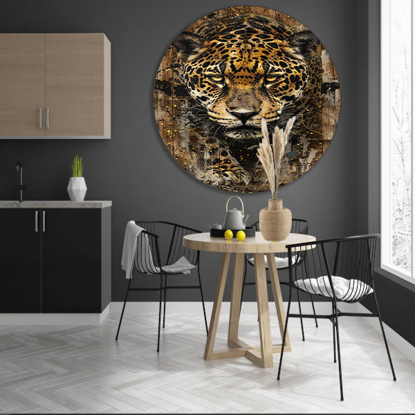 Dynamisch jaguar kunstwerk op houten achtergrond aluminium muurcirkel