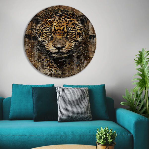 Dynamisch jaguar kunstwerk op houten achtergrond aluminium muurcirkel