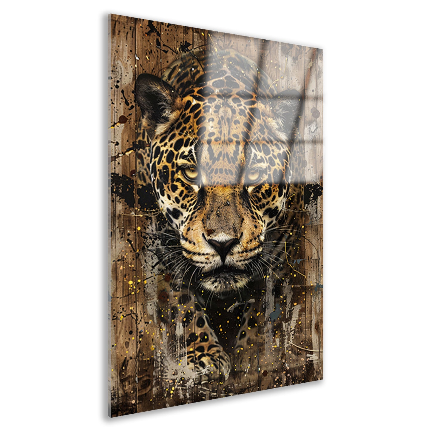 Dynamisch jaguar kunstwerk op houten achtergrond acrylglas
