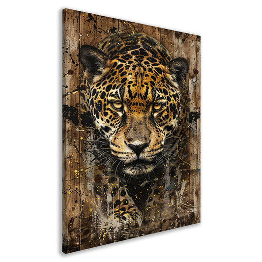 Dynamisch jaguar kunstwerk op houten achtergrond canvas