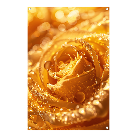 Gouden Roos Versierd met Fonkelende Waterdruppels tuinposter