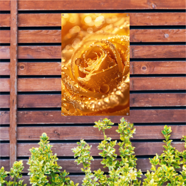 Gouden Roos Versierd met Fonkelende Waterdruppels tuinposter