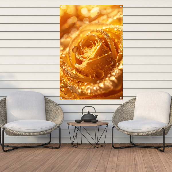 Gouden Roos Versierd met Fonkelende Waterdruppels tuinposter