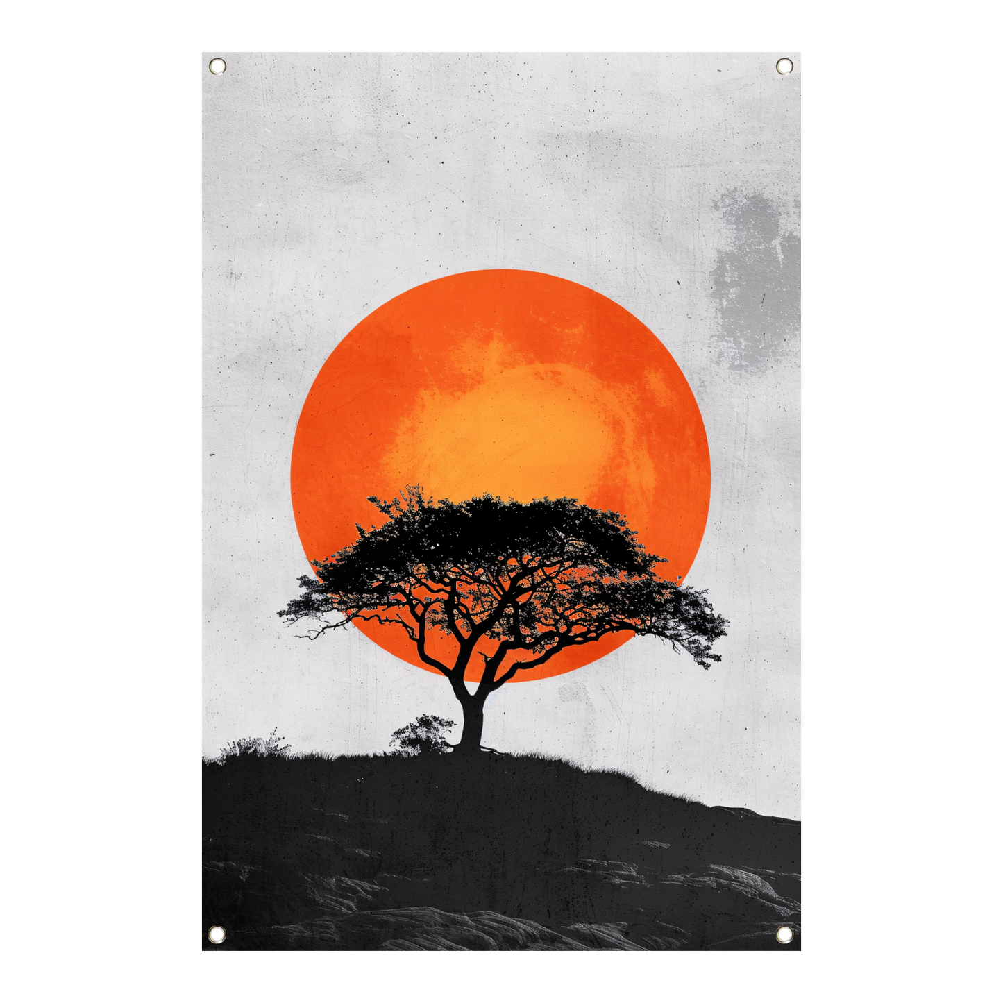 Minimalistische boom en zon in krachtige contrasten tuinposter
