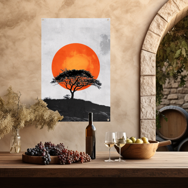 Minimalistische boom en zon in krachtige contrasten tuinposter