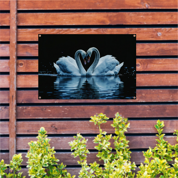 Twee zwanen in hartvorm op water tuinposter