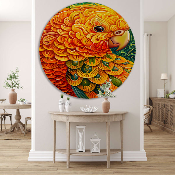 Kleurrijke abstracte papegaai kunstwerk aluminium muurcirkel