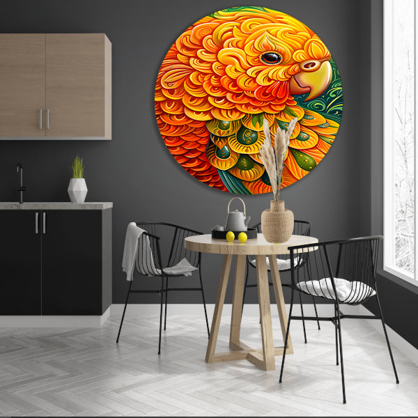 Kleurrijke abstracte papegaai kunstwerk aluminium muurcirkel