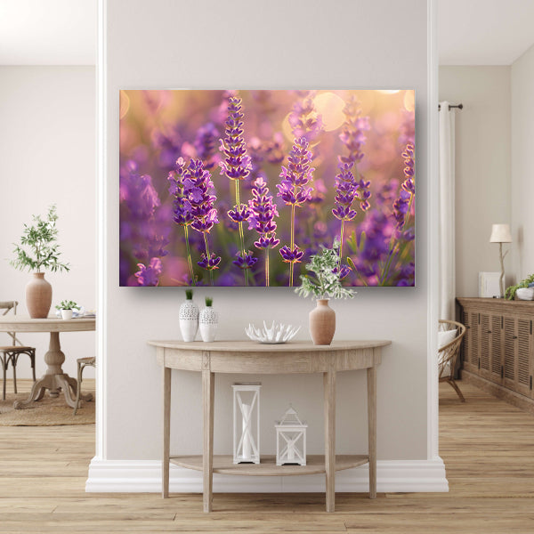 Betoverende zonsondergang over een lavendelveld canvas