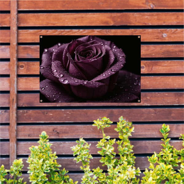 Paarse roos close-up met waterdruppels tuinposter