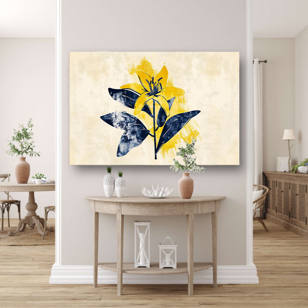 Minimalistische gele bloem met blauwe bladeren poster