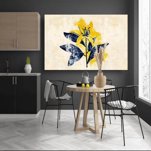 Minimalistische gele bloem met blauwe bladeren poster