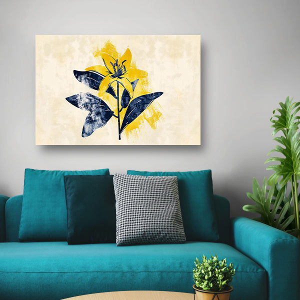 Minimalistische gele bloem met blauwe bladeren poster