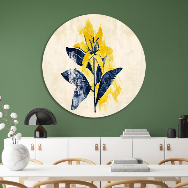 Minimalistische gele bloem met blauwe bladeren aluminium muurcirkel