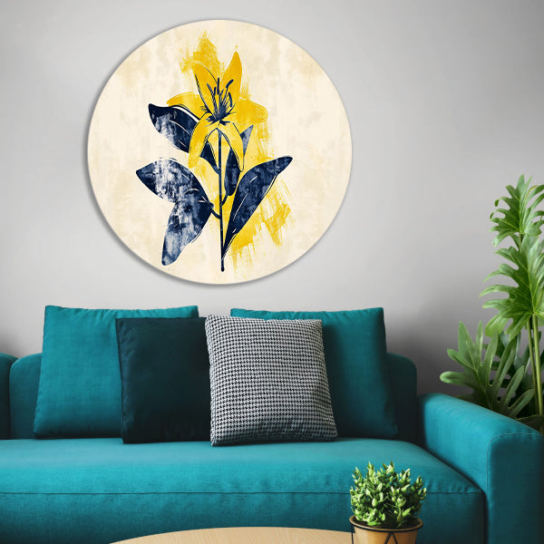 Minimalistische gele bloem met blauwe bladeren aluminium muurcirkel