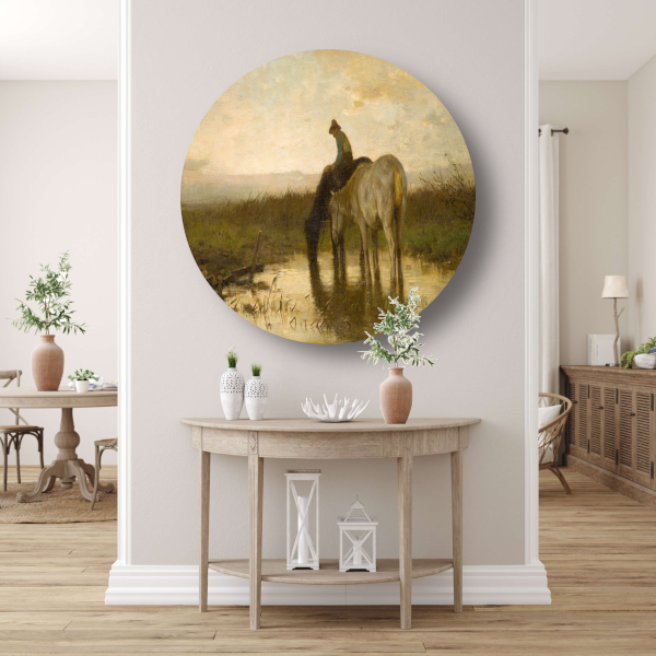 Drinkende paarden - Anton Mauve aluminium muurcirkel