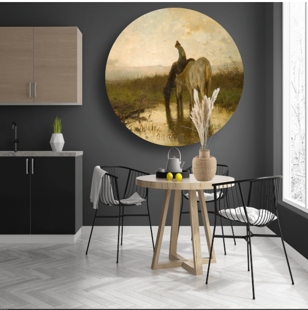 Drinkende paarden - Anton Mauve aluminium muurcirkel