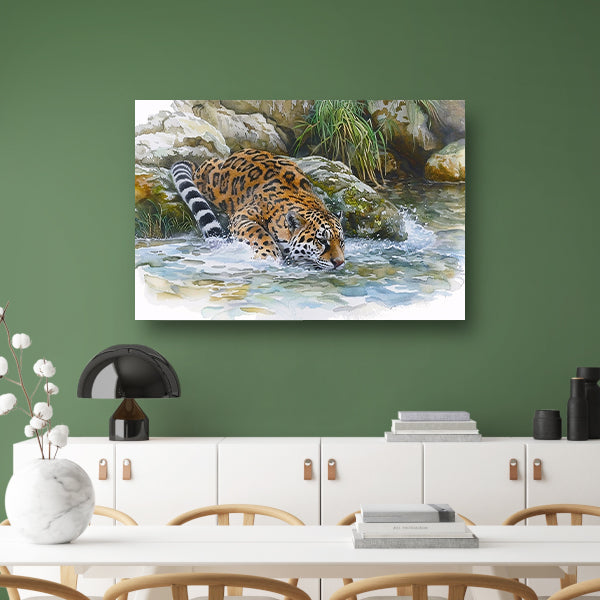 Realistische aquarel van een jaguar in water canvas