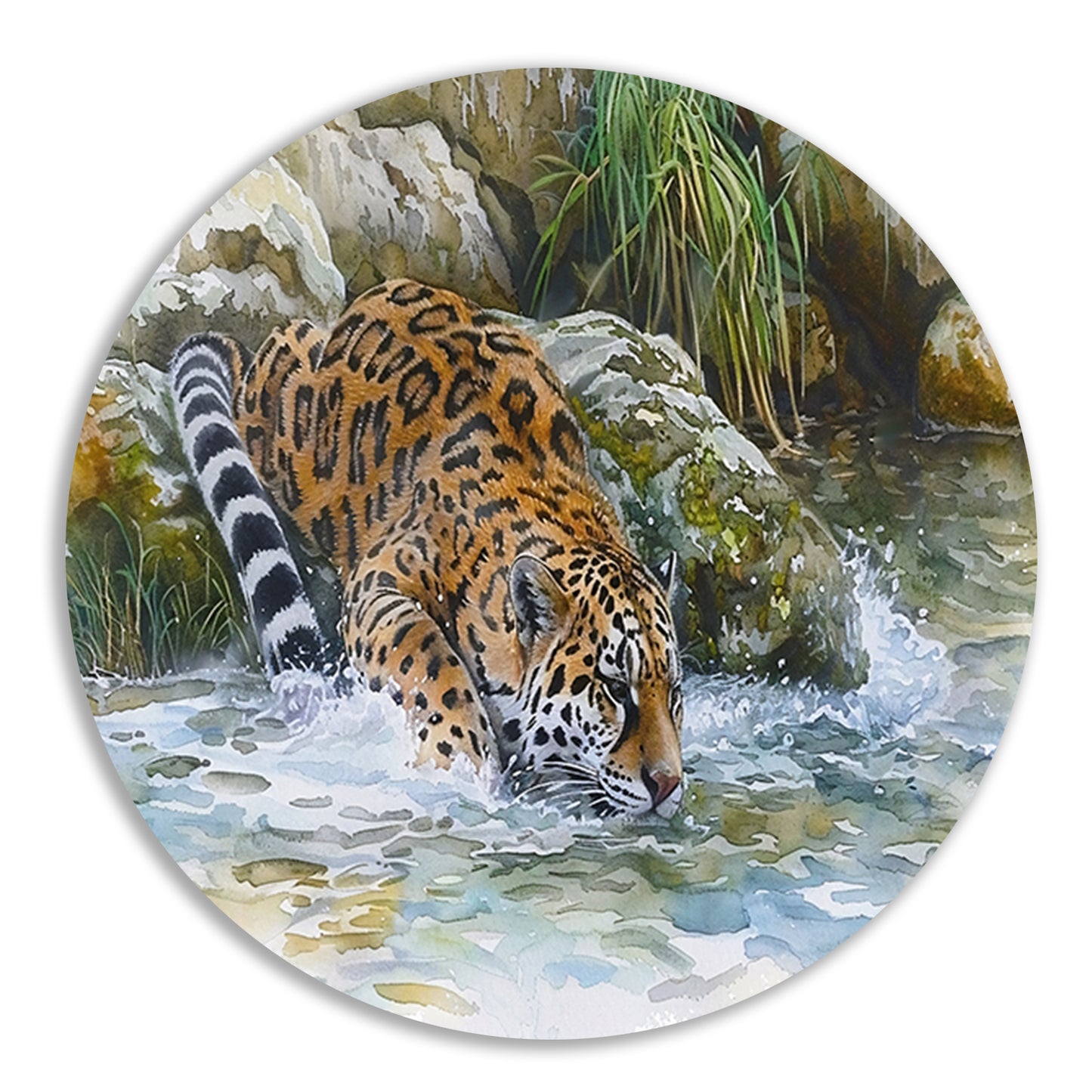Realistische aquarel van een jaguar in water forex muurcirkel