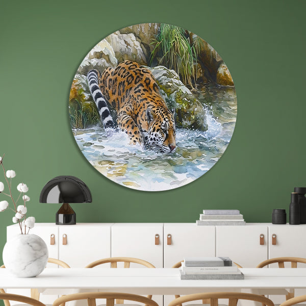 Realistische aquarel van een jaguar in water forex muurcirkel