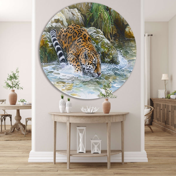 Realistische aquarel van een jaguar in water forex muurcirkel