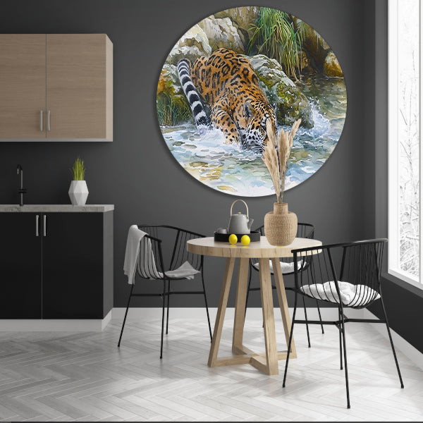 Realistische aquarel van een jaguar in water forex muurcirkel