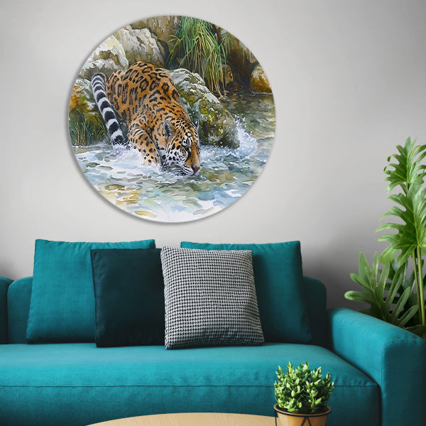Realistische aquarel van een jaguar in water forex muurcirkel