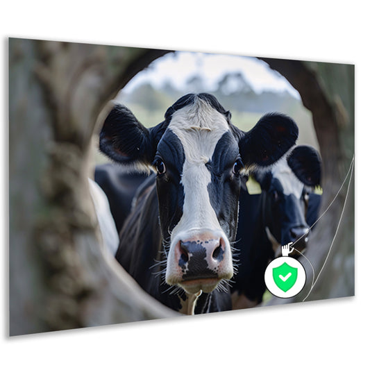 Nieuwsgierige Koe in Zwart-Wit Portret poster