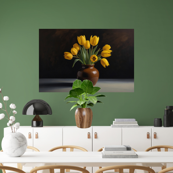 Gele Tulpen in Harmonie met Bruine Vaas canvas