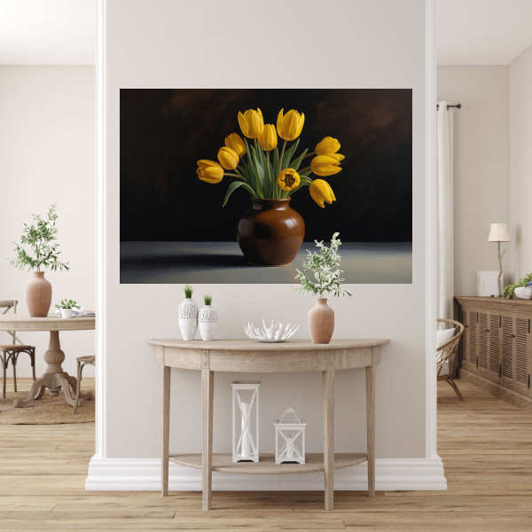 Gele Tulpen in Harmonie met Bruine Vaas canvas