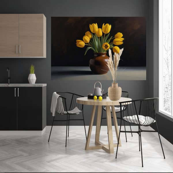 Gele Tulpen in Harmonie met Bruine Vaas canvas