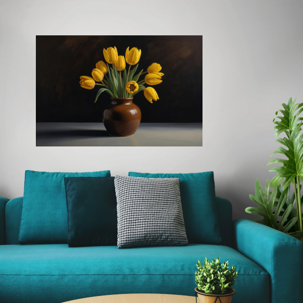 Gele Tulpen in Harmonie met Bruine Vaas canvas
