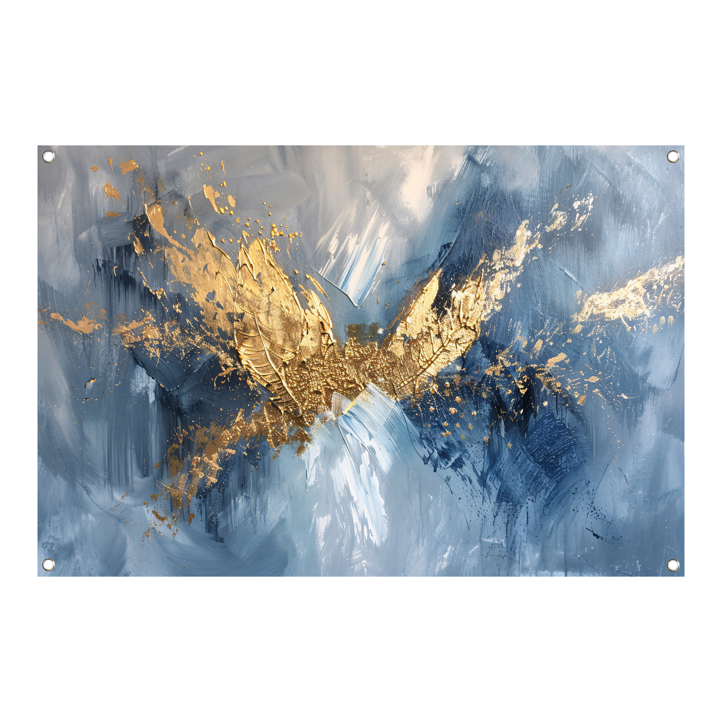 Dynamische abstracte gouden vleugels op blauw tuinposter