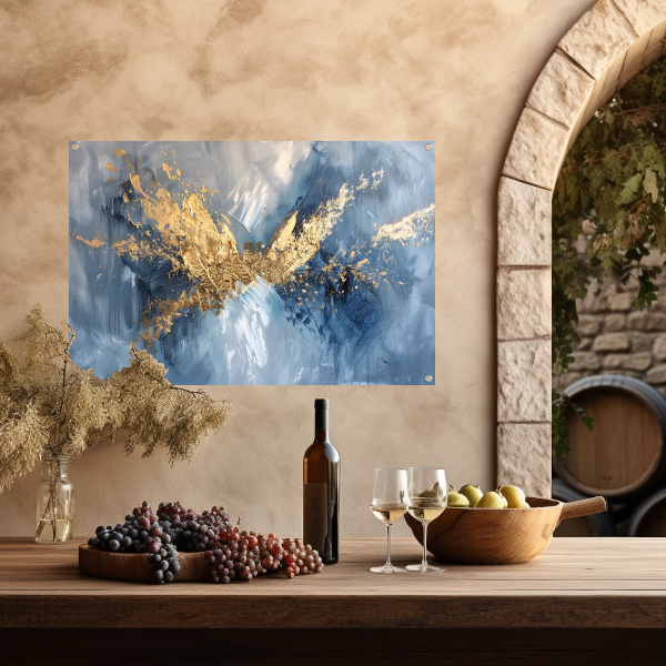 Dynamische abstracte gouden vleugels op blauw tuinposter