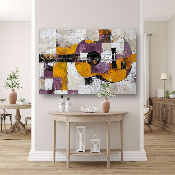 Abstracte kleurrijke gitaar schilderij voor interieur canvas met baklijst