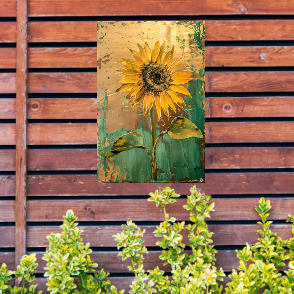 Prachtige zonnebloem in gouden en groene tinten tuinposter