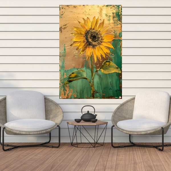Prachtige zonnebloem in gouden en groene tinten tuinposter