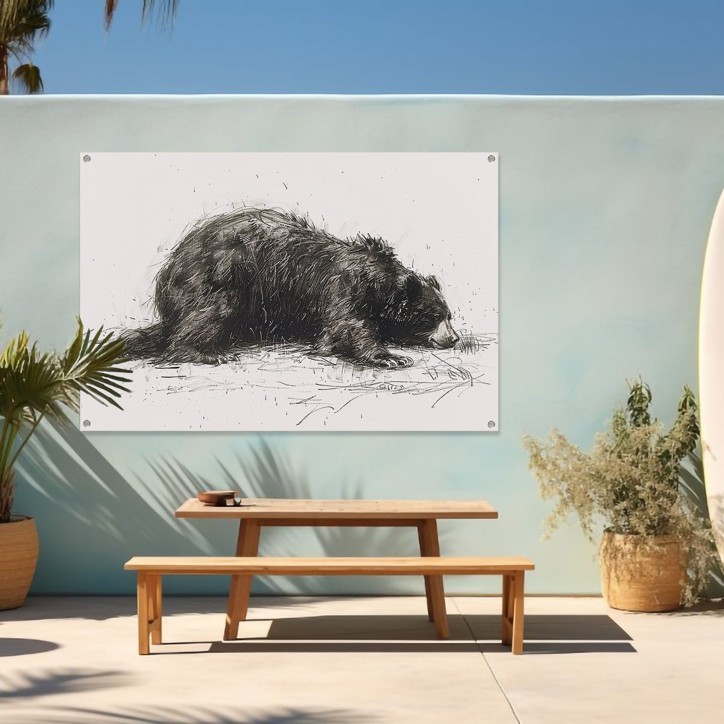 Minimalistische tekening van slapende beer tuinposter