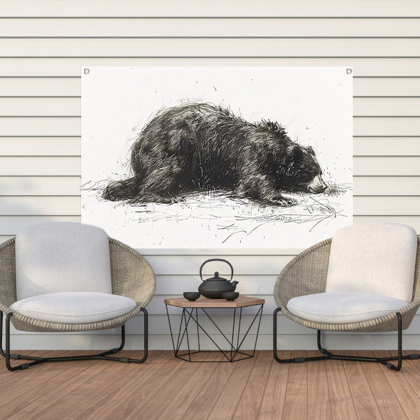 Minimalistische tekening van slapende beer tuinposter